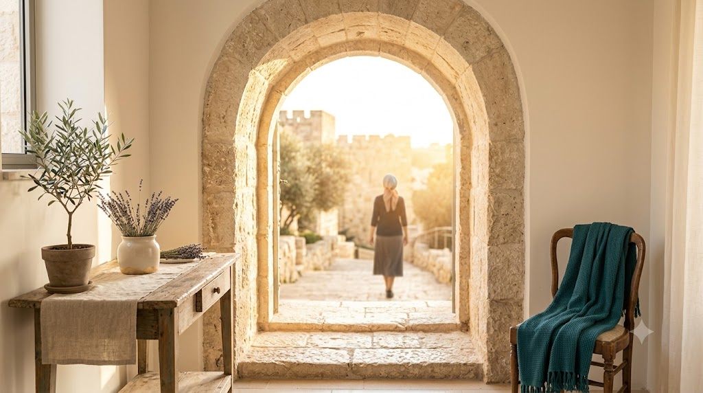 מבט דרך שער אבן ירושלמי עתיק אל נוף מואר באור חם